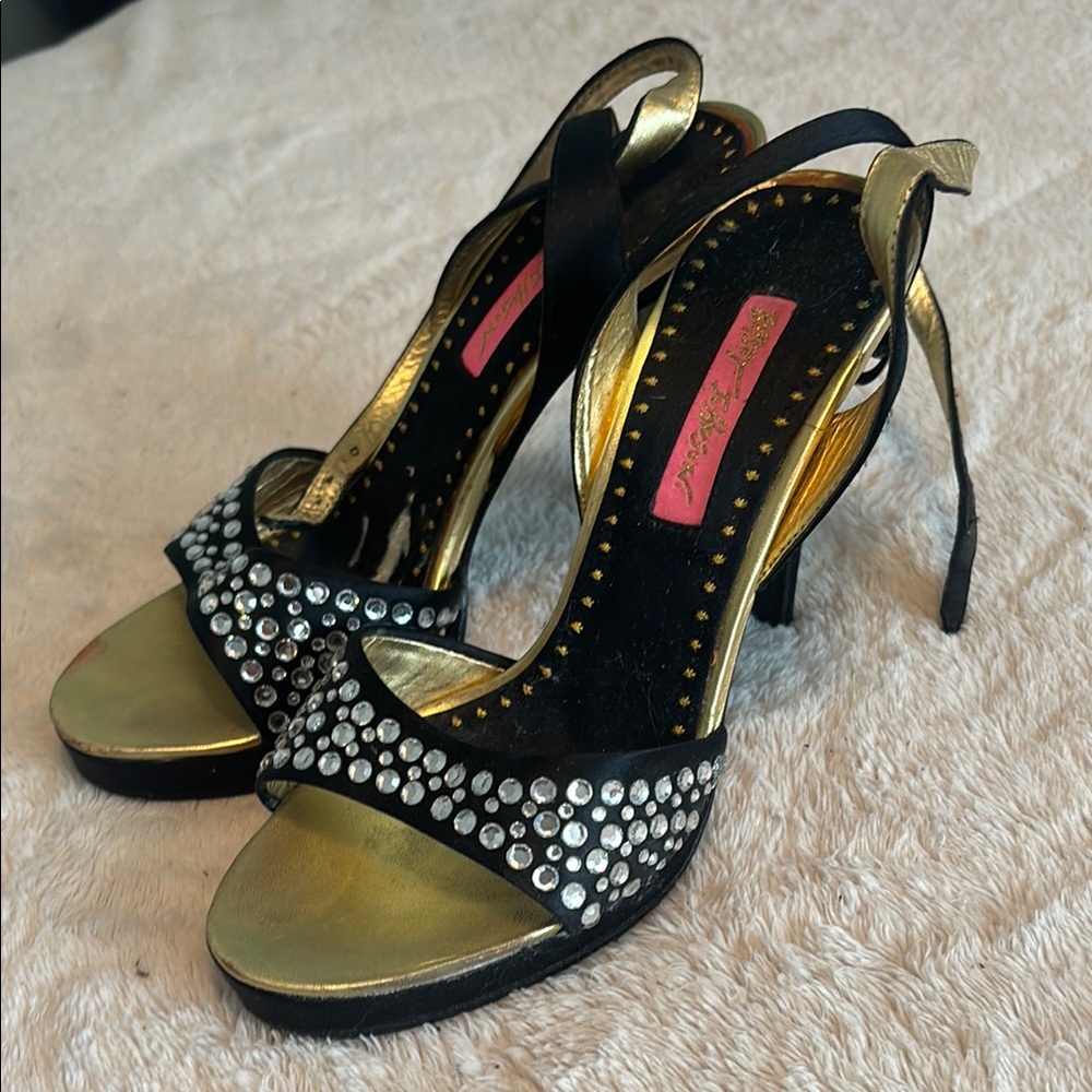 Betsey Johnson Black and Gold Stiletto Heels with Rhinestones